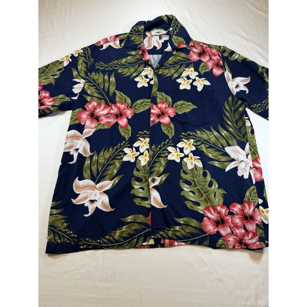 Leilani Collection Hawaii Aloha Shirt Mens M Blue Floral Hibiscus Rayon Camp